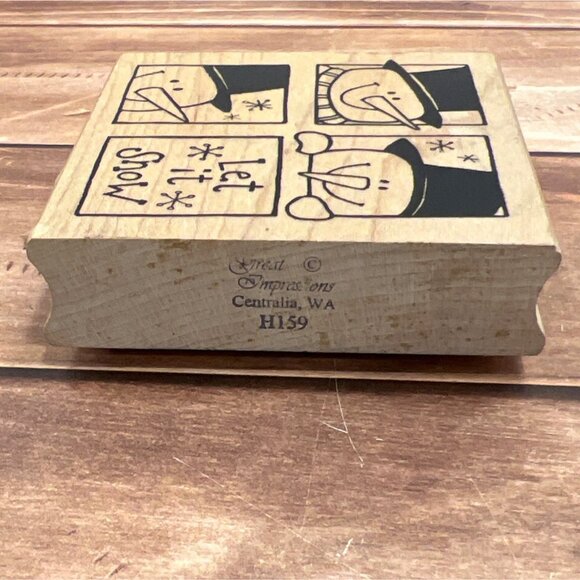 VINTAGE HTF GREAT IMPRESSIONS H159 LET IT SNOW WOOD MOUNTED RUBBER STAMP SNOWMAN - Picture 3 of 4